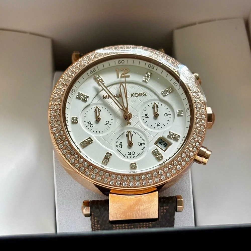 Michael Kors Rose Gold and Brown Strap Crystal-Accent Women's Watch